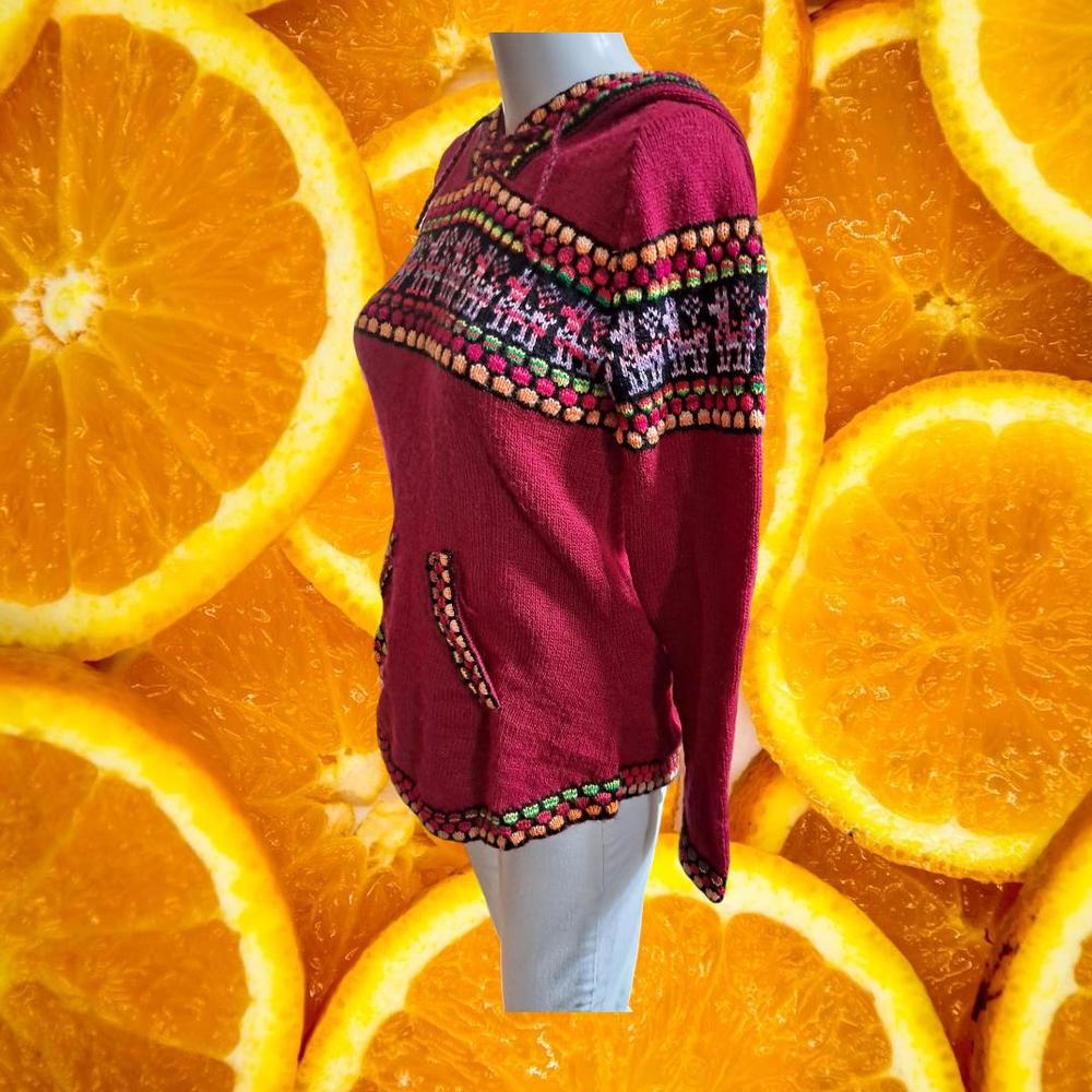 Red Colorful Hooded Sweater with Alpaca Design‎
